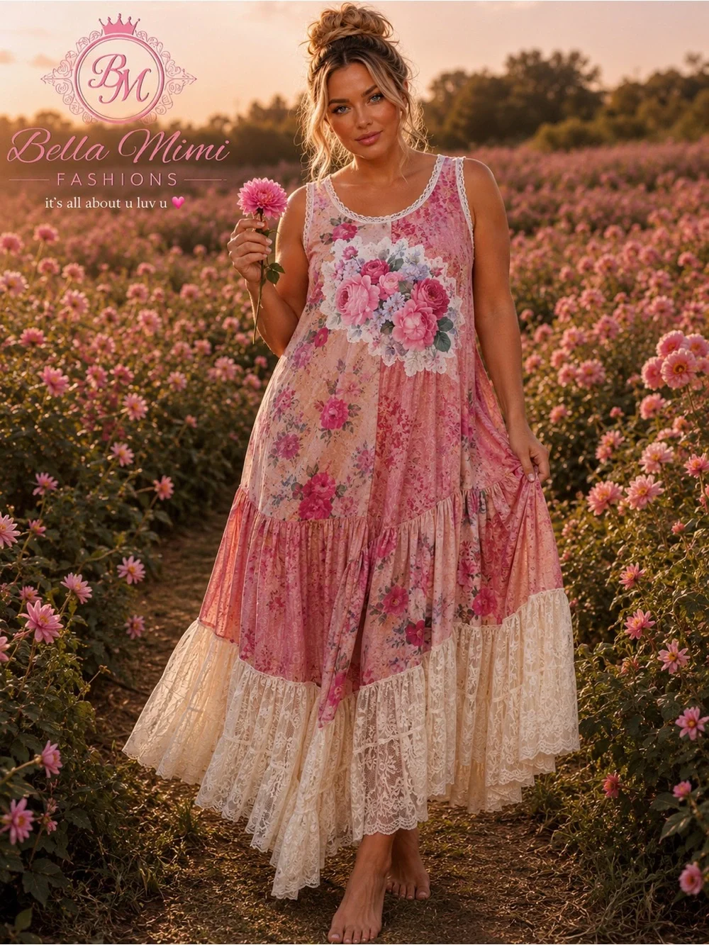 NEW Pink Floral Lace-Trim Maxi Dress — Romantic Sleeveless Gown Size 2X BRB SL - Picture 3 of 14